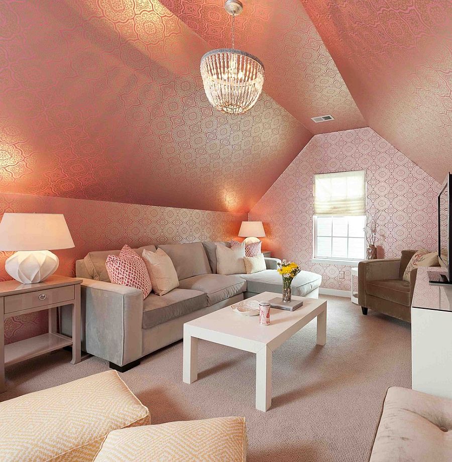 Family room with stunning use of pink wallpaper