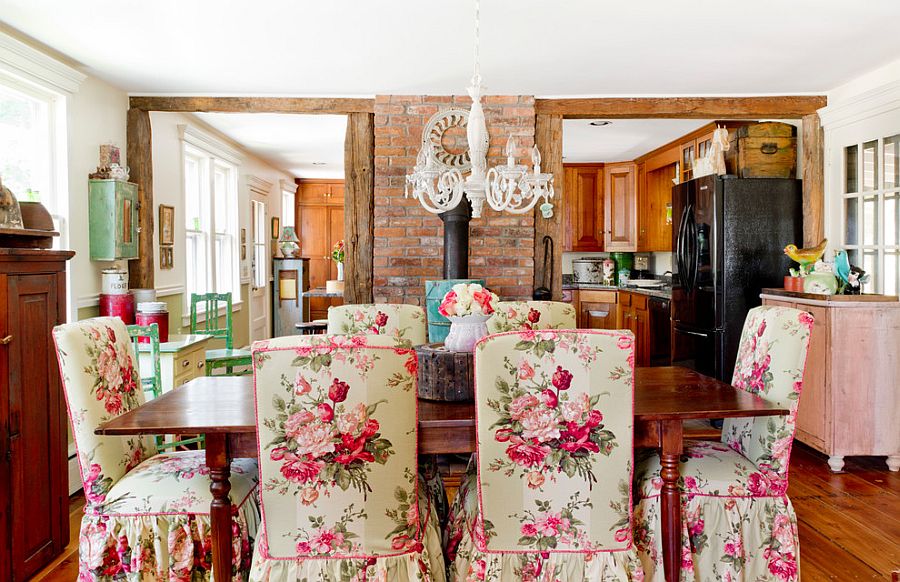 Farmhouse style dining room with brick wall feature