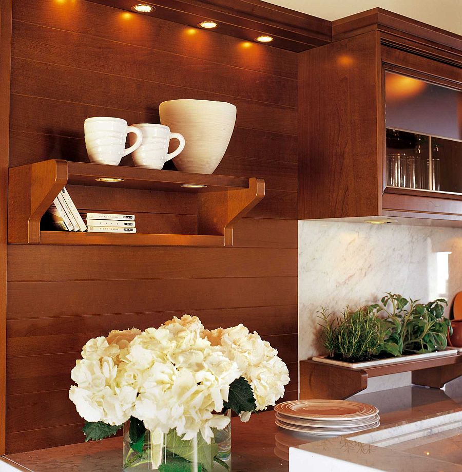 Floating shelves and glass door cabinets allow you to style your kitchen with ease