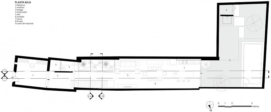 Floor plan of the lower level of elegant Mexican home