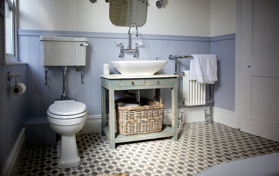 Floor tiles add pattern to the small bathroom in neutral hues [Design: The Brighton Bathroom Company]