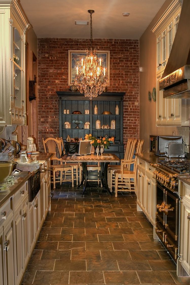 Gallery kitchen and cozy dining with brick wall at the end [Design: CCS Woodworks]
