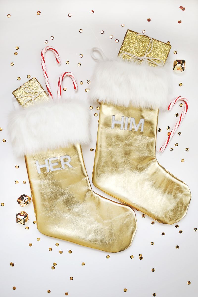 Gold leather and faux fur stocking DIY from A Beautiful Mess