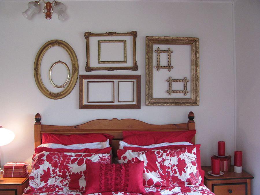 Gorgeous collage of empty frames in the eclectic bedroom