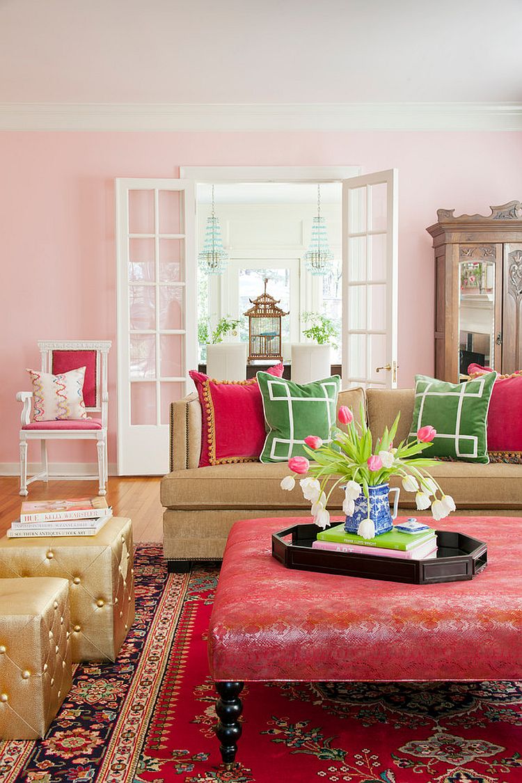 pink and off white living room