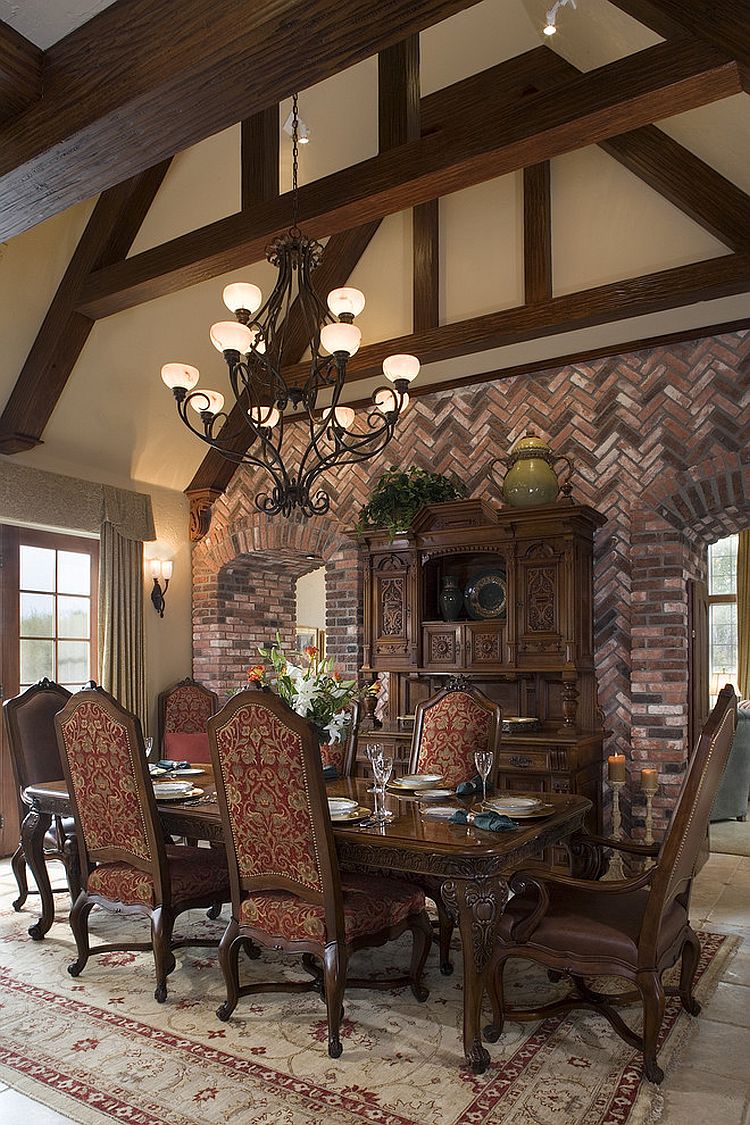 Herringbone pattern brick wall in the rustic dining room [From: Design Associates]