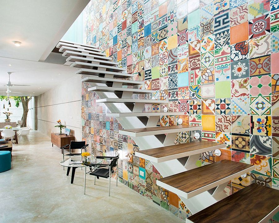 Imaginative use of tiles to add color to the staircase wall