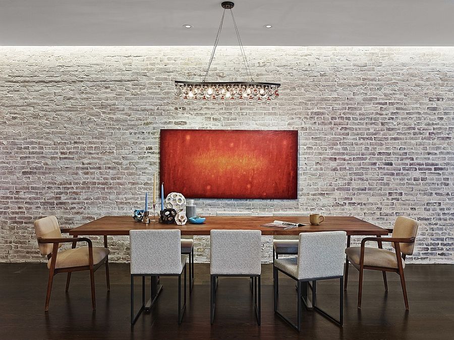 white brick wall dining room