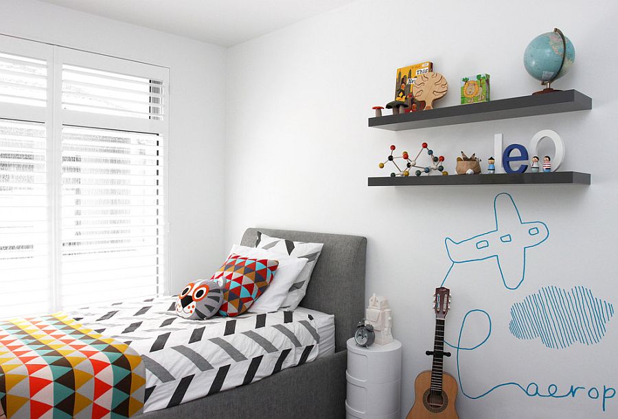 It is the cozy bed that brings gray to this white kids' room [Design: Hide & Sleep Interior Design]