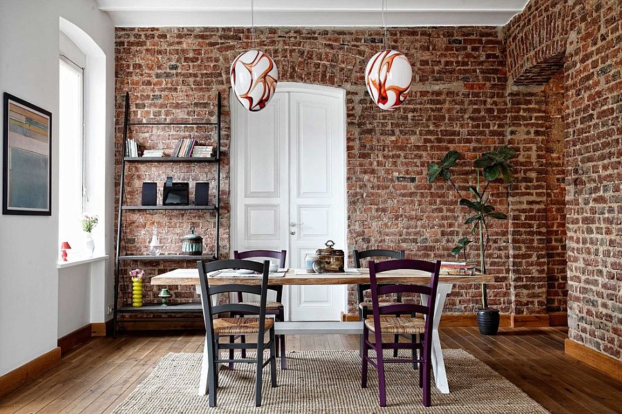 Ladder shelf and snazzy pendants for the contemporary dining room with brick walls [From: Kadir Asnaz Photography]