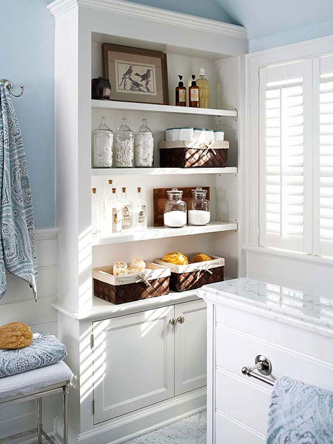 Large built-in shelving and cabinets for lots of extra bathroom storage