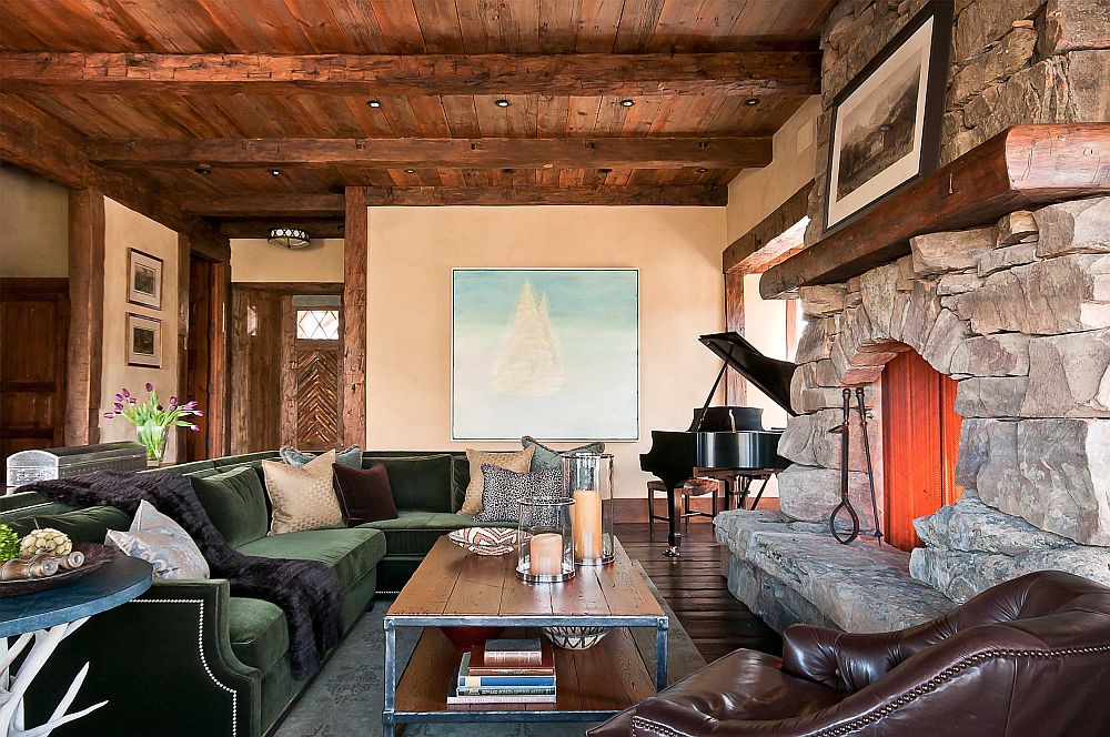 Living area of the fabulous log cabin with stone fireplace