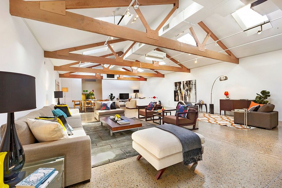 Loft ceiling with skylights gives the open living area dramatic ambaince