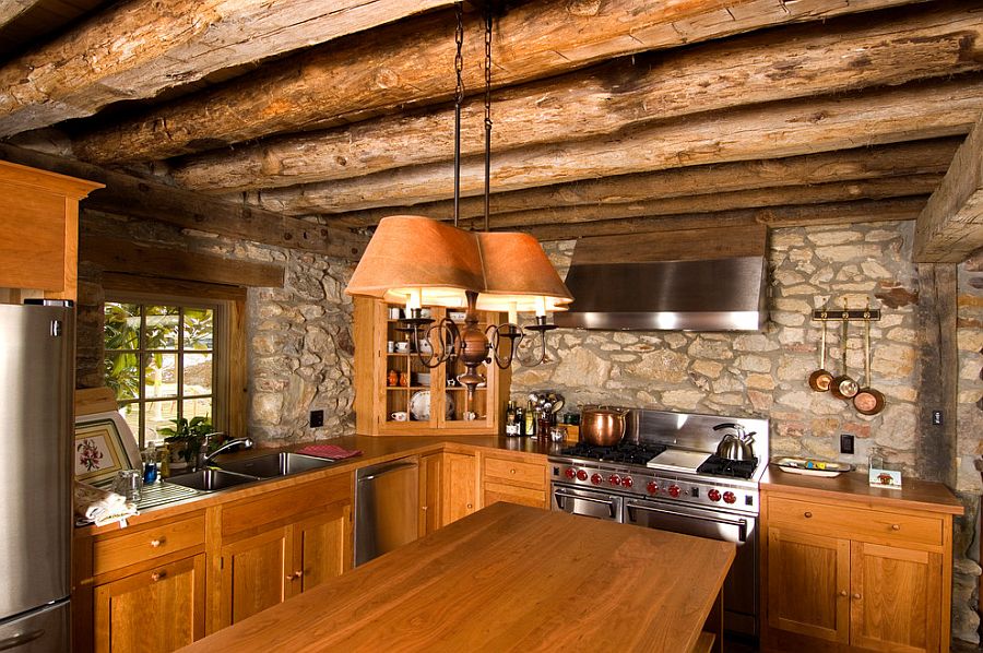 reconstructing kitchen with stone wall