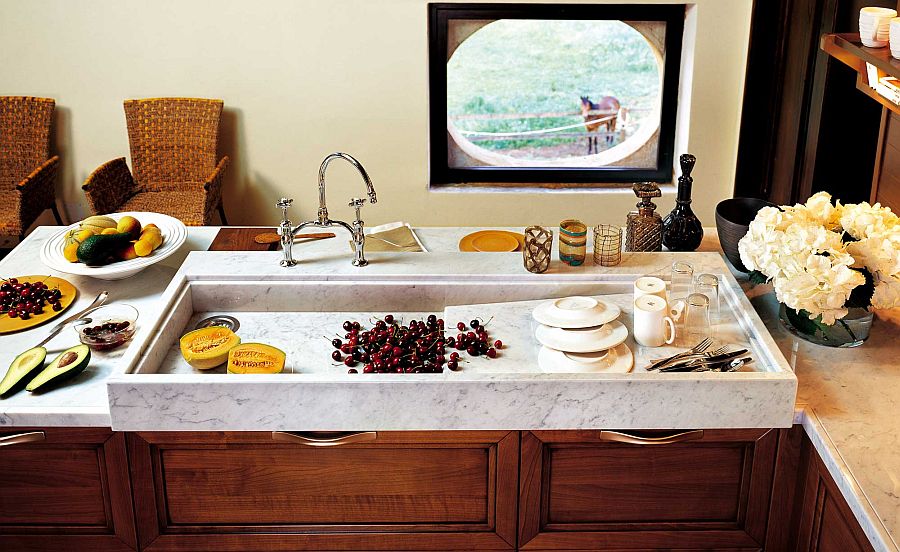 Marble countertop adds a touch of class to the exquisite luxury kitchen