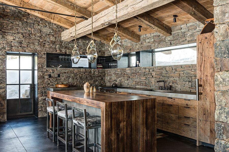 Mountain cabin inspired kitchen with stone walls