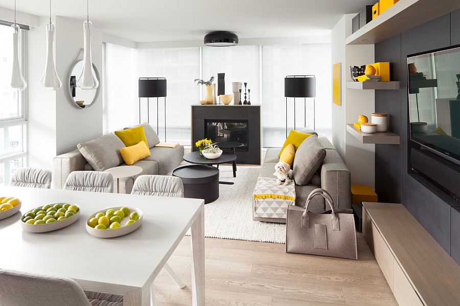 Neutral living room with pops of yellow and black