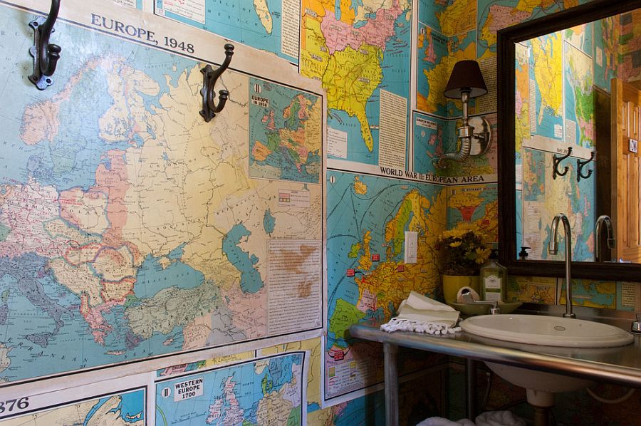 Old maps turned into colorful wallpaper for the eclectic bathroom