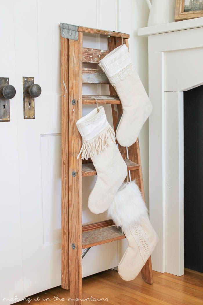 Old painter's ladder used to hold Christmas stockings