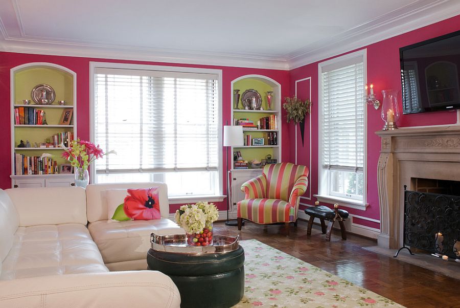 Traditional sitting room decor, interior design, red pink living