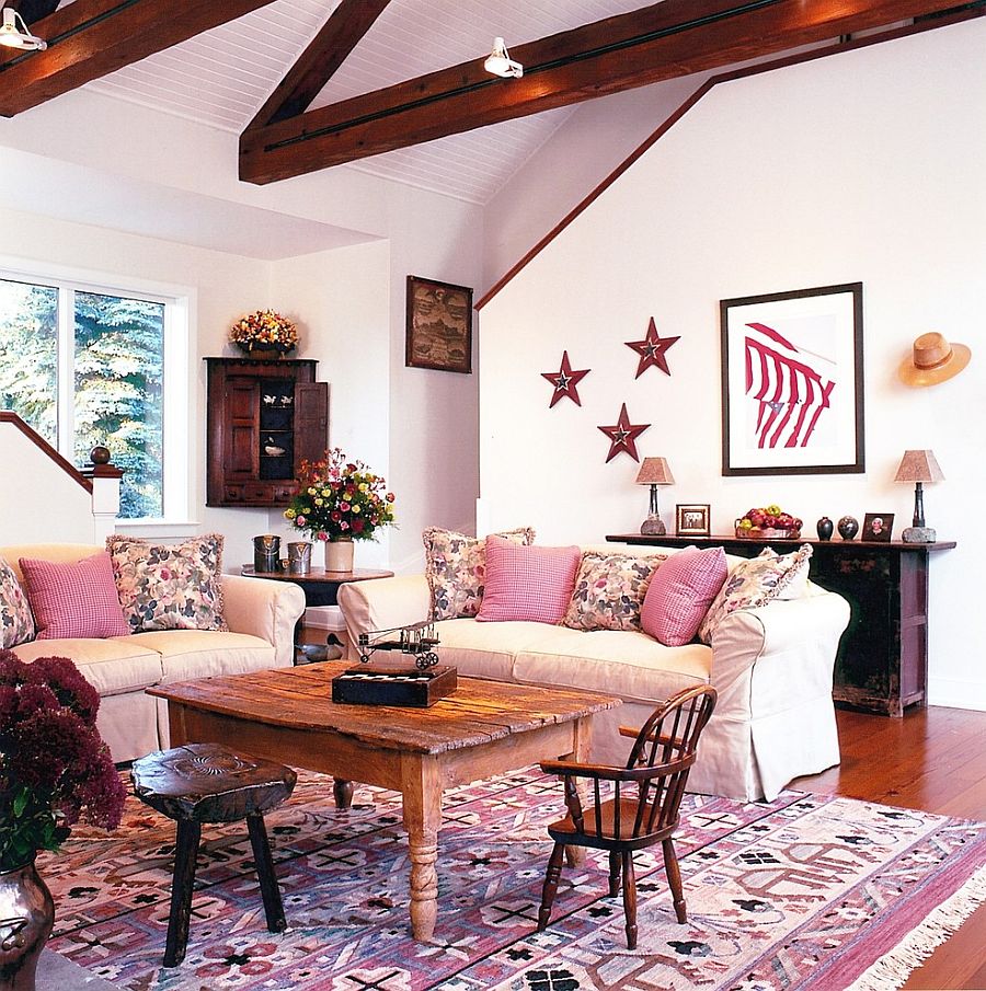 Pink farmhouse style living room with a cheerful, breezy vibe [From: Andrea Young - McMillen / Elizabeth Glasgow Photography]