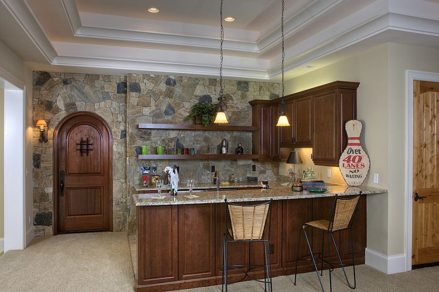 Pisgah Brown and Charcoal Stone accent wall for the small kitchen [Design: Grainda Builders]