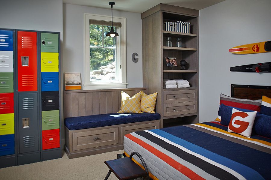 Reclaimed lockers serve as shelves in the kids' room painted in Benjamin moore wickham gray