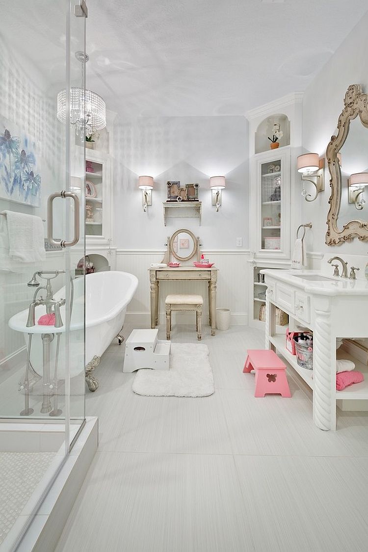 Refined bathroom inside London home showcases a fusion of Victorian and shabby chic styles