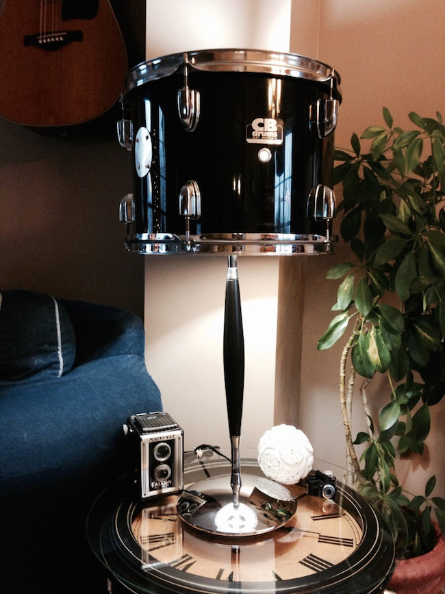 Repurposed drum table lamp with chrome and black base