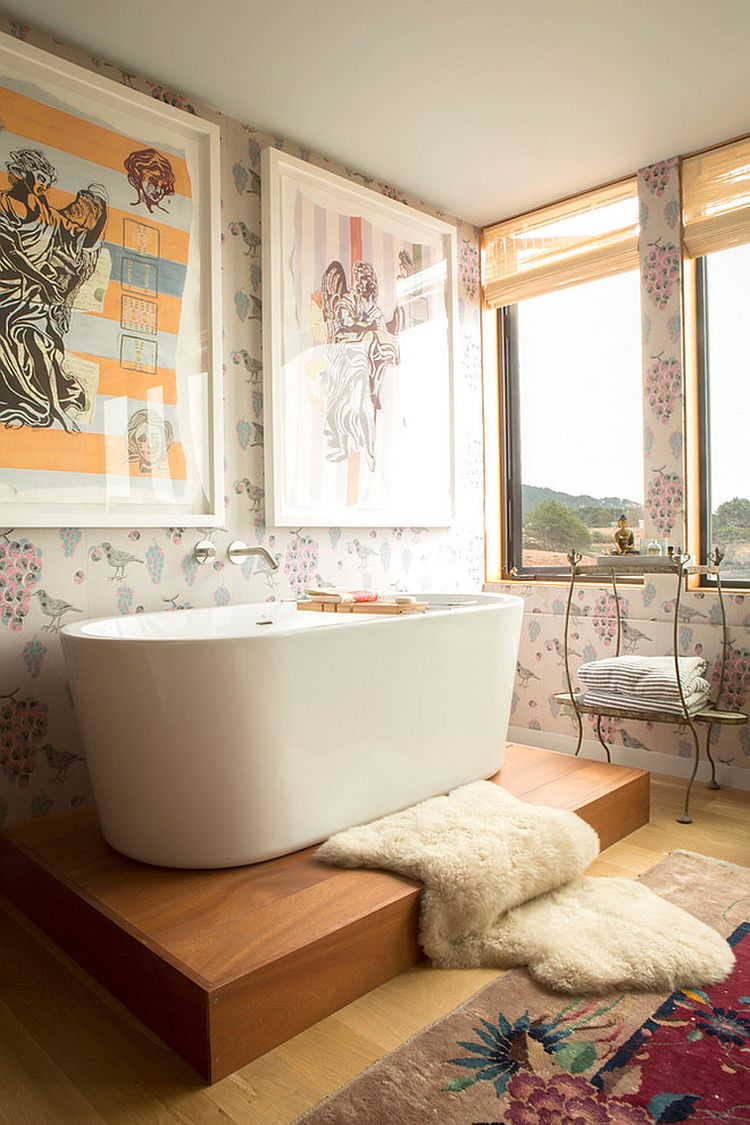 Shabby chic bathroom with ocean view [Design: Peter Jenny Design]