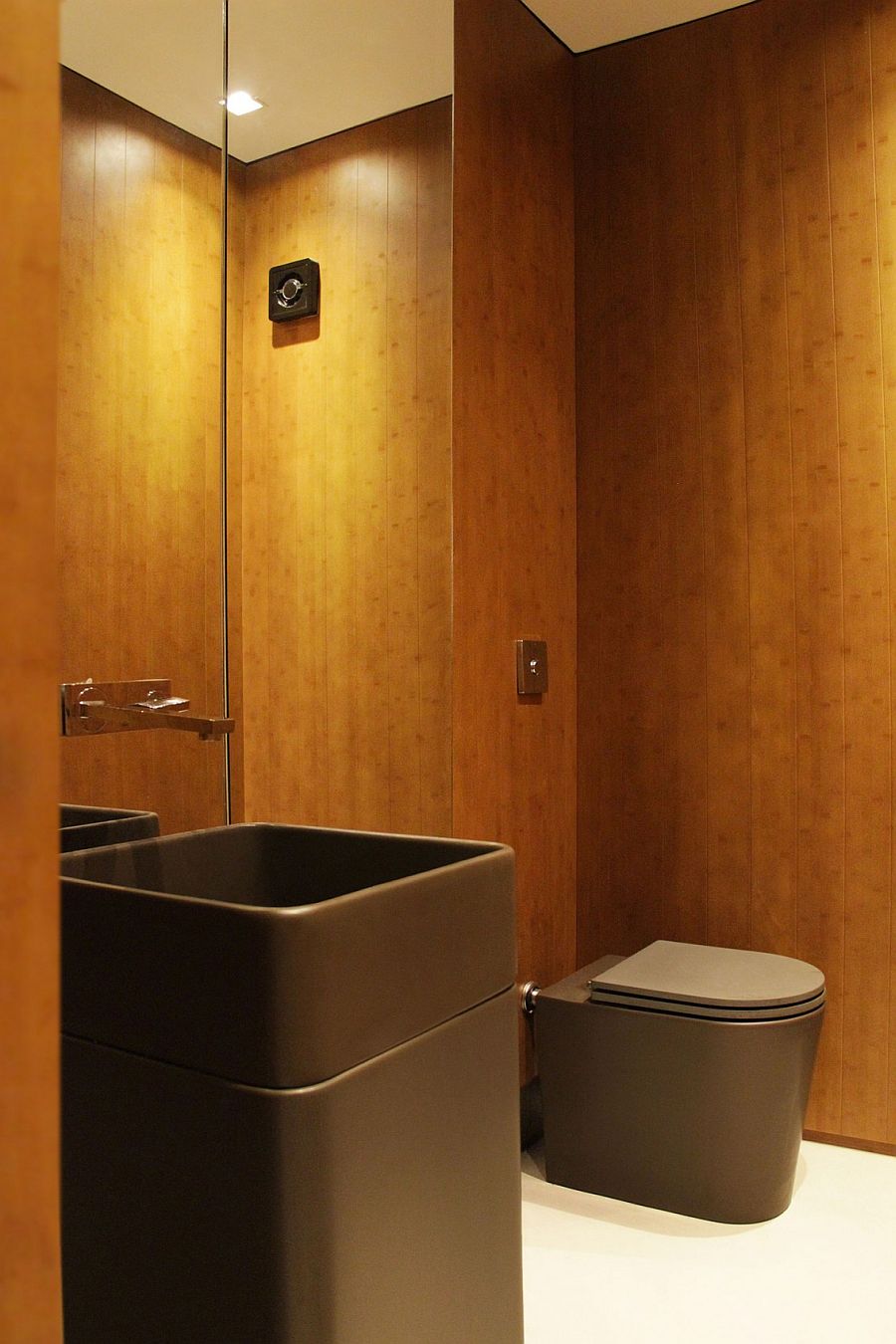 Small modern powder room deisgn with walls clad in wood