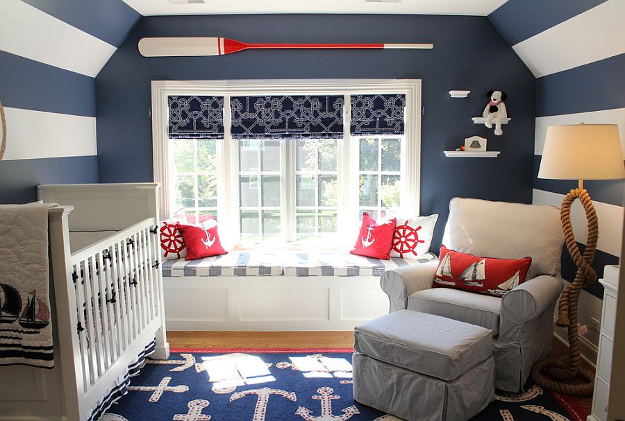 Space savvy nursery with blue and white stripes and a nautical theme