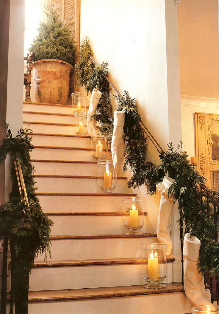 Stockings hung on the inside part of the stairway banister