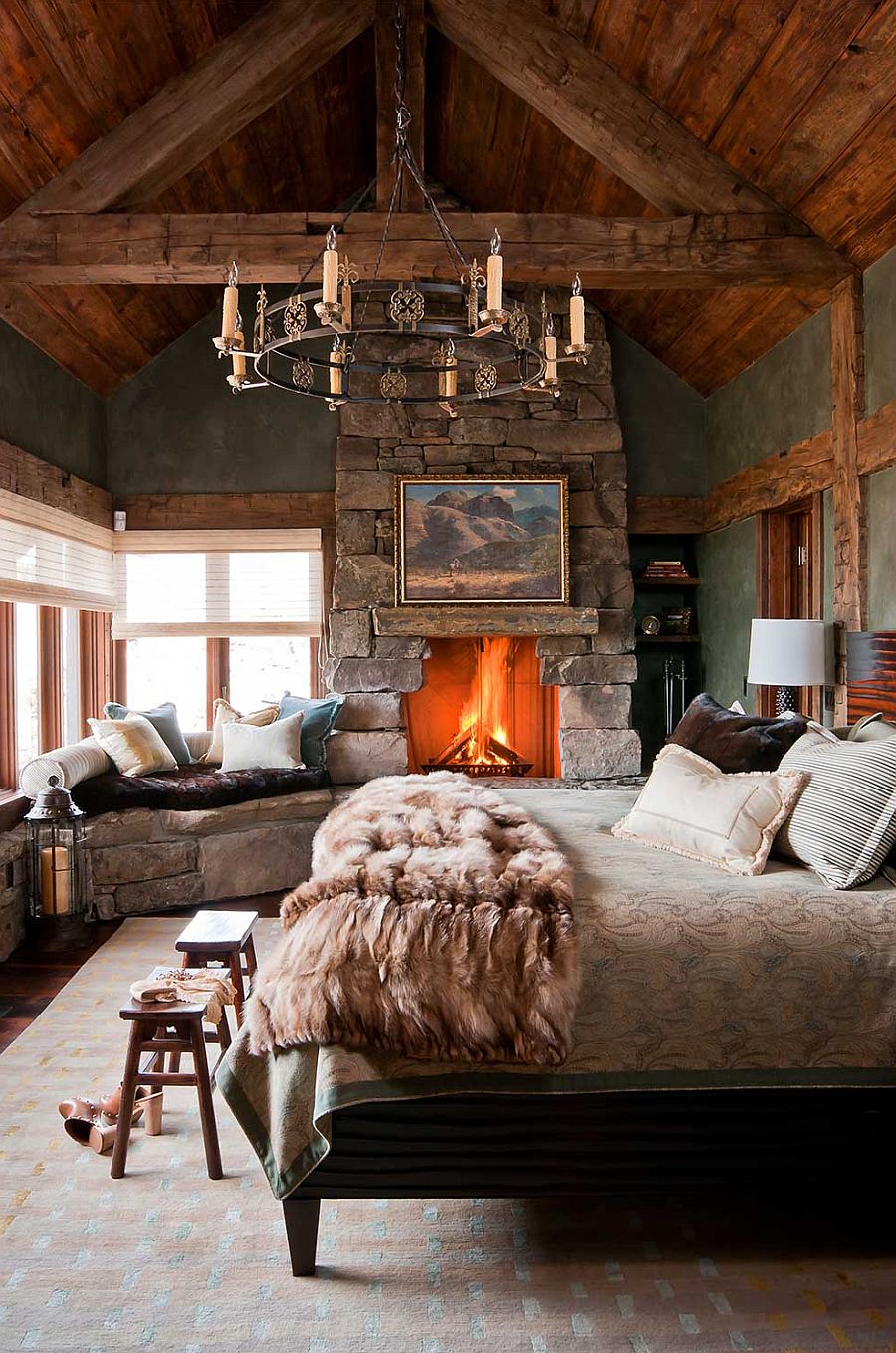 Stone fireplace becomes the focal point of the bedroom in Dancing Hearts