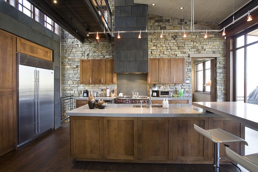 Telluride Gold stone wall brings rustic beauty to modern industrial kitchen [Design: Spot Design]