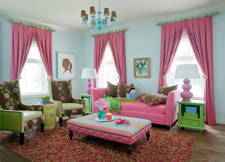 Traditional living room benefits from an infusion of pink and green [From: Tobi Fairley Interior Design / Nancy Nolan Photography]