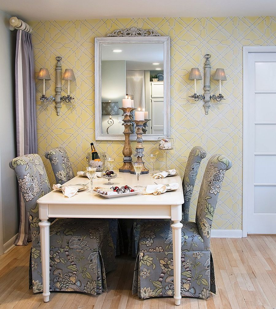 Traditional yellow and gray dining room with custom chairs that steal the show