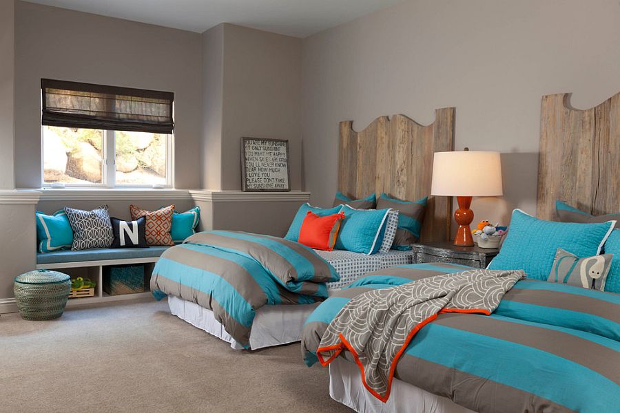 Transitional kids' bedroom in gray and blue with a dash of rustic beauty [Design: Ashley Campbell Interior Design]