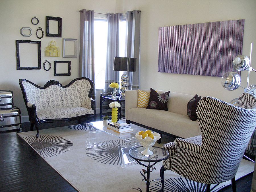 Transitional living room with a hint of purple