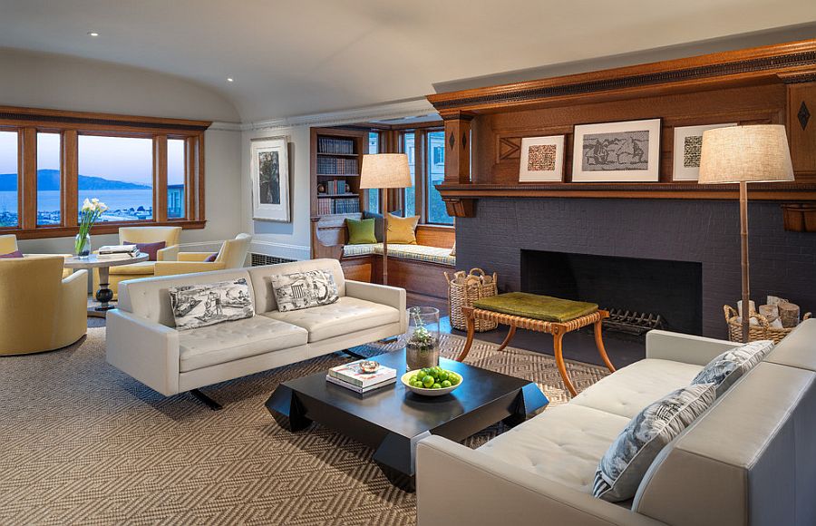 Transitional living room with black coffee table at its heart