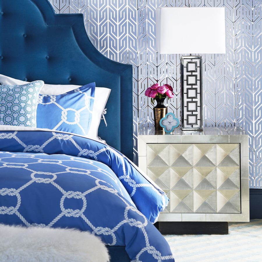 Tufted peacock blue bed from Jonathan Adler