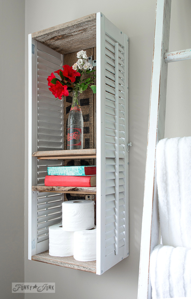 Two shutters turned into a unique bathroom shelf