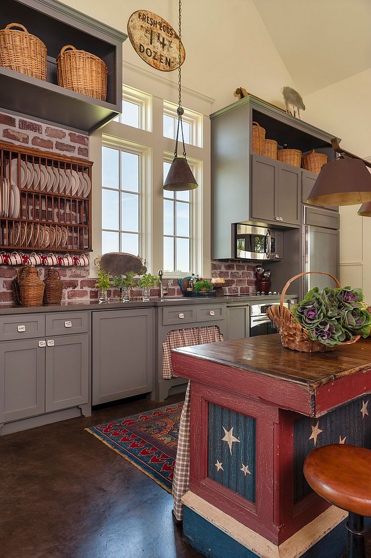 Unique farmhouse kitchen with a touch of red blue and white