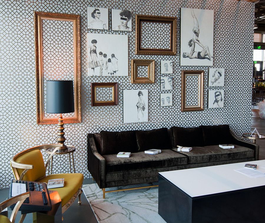 Unique living room uses unframed sketches and empty picture frames as snazzy decorative pieces