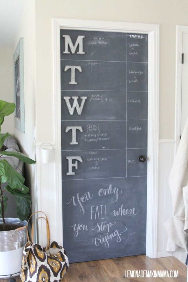 Weekday chalkboard calendar on one full side of a door