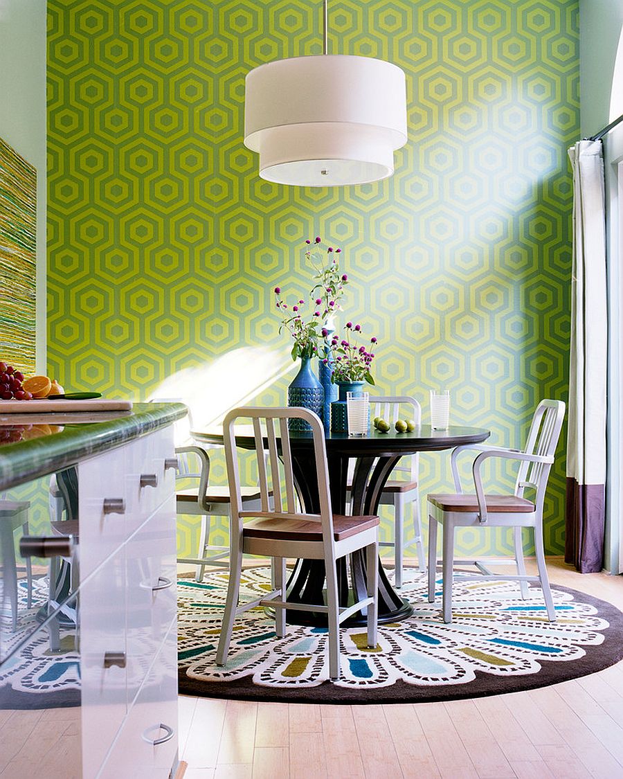 Who says dining room rugs need to be plain and boring! [Design: Kyle Schuneman - Live Well Designs]