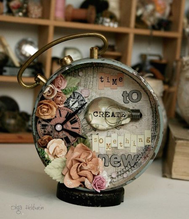 Altered alarm clock that says 'time to create something new'