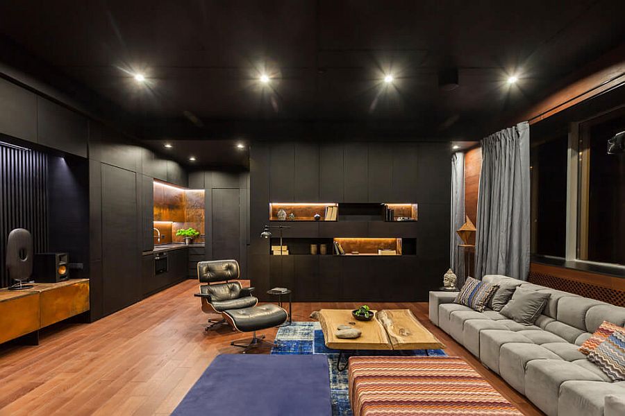 Black is the dominant hue in this living space