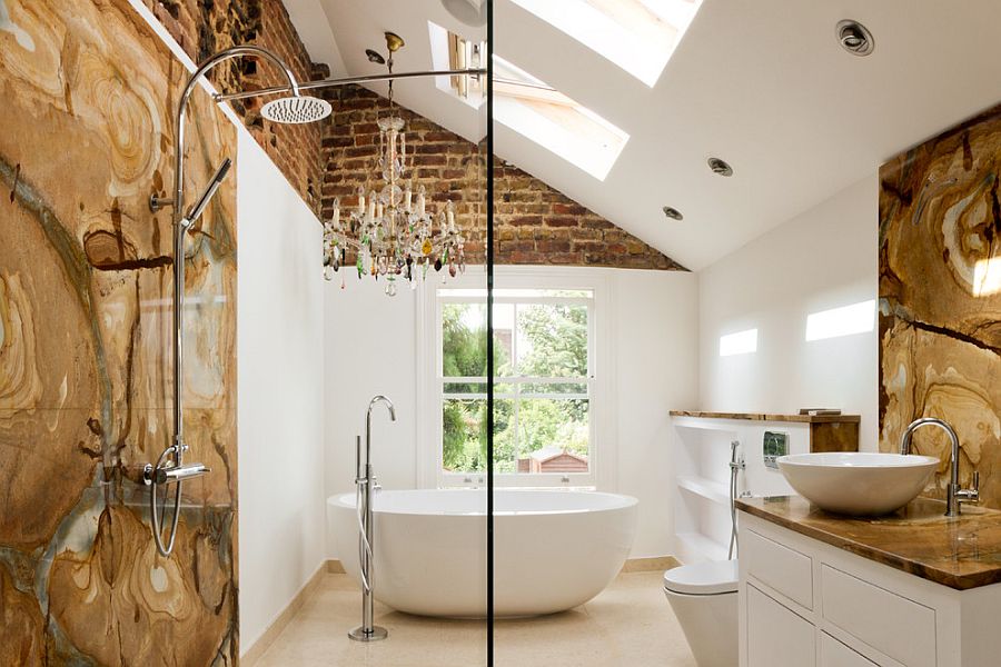 Blend of traditional and modern in the eclectic bathroom with skylights [Design: Tyrrell and Laing International]