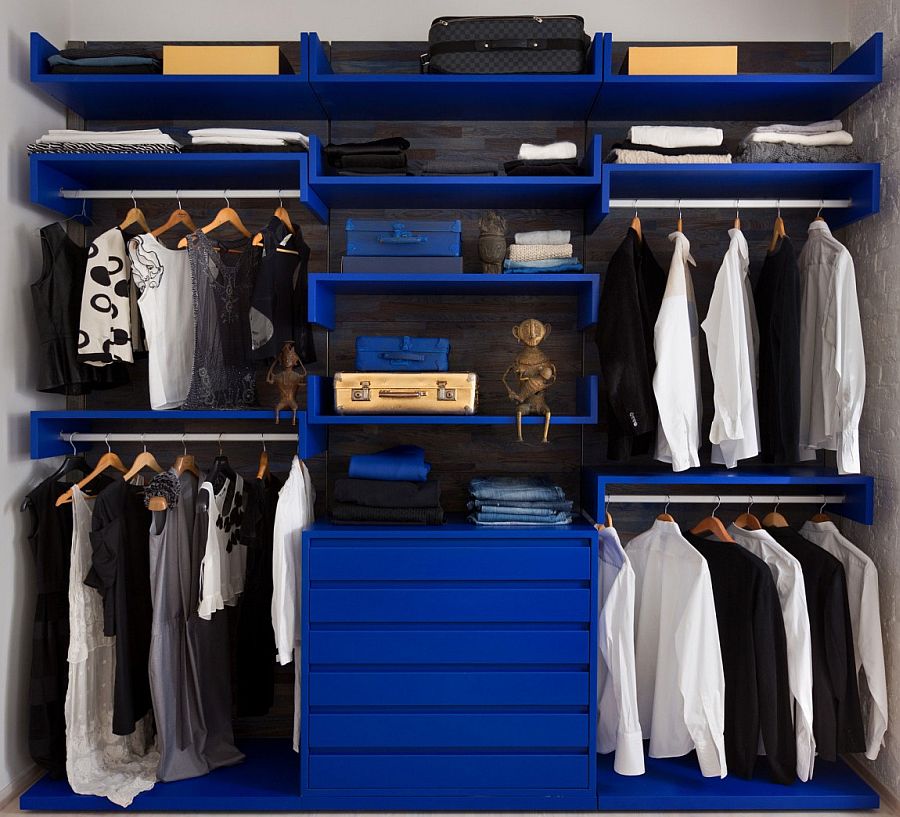 Blue wardrobe in the bedroom with open design